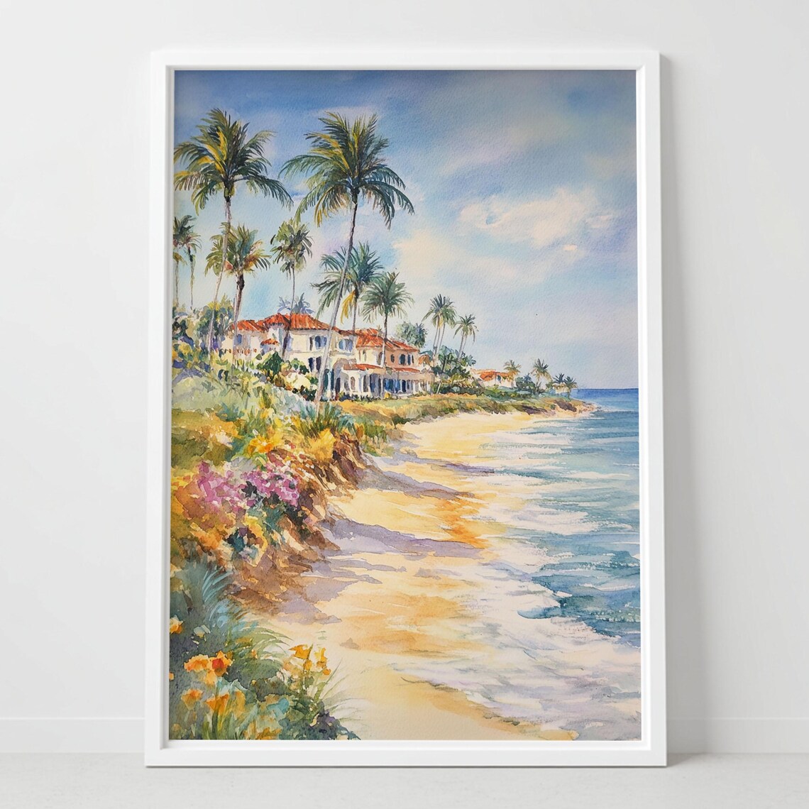 Tropical Beach with Palm Trees and Villas Sunny Watercolor Poster