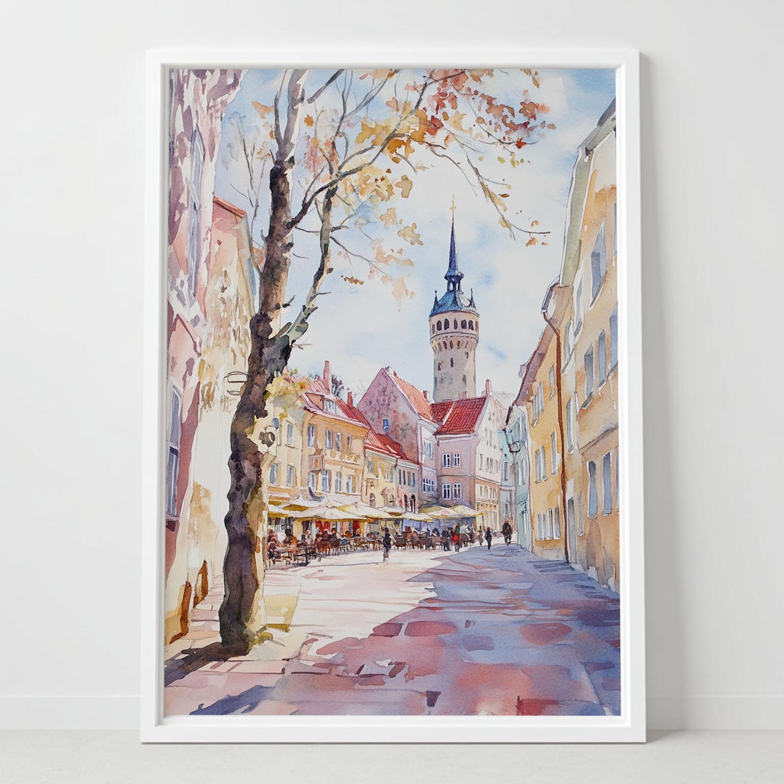 Tallinn Estonia Old Town Watercolor Medieval Tower Square Scene Poster