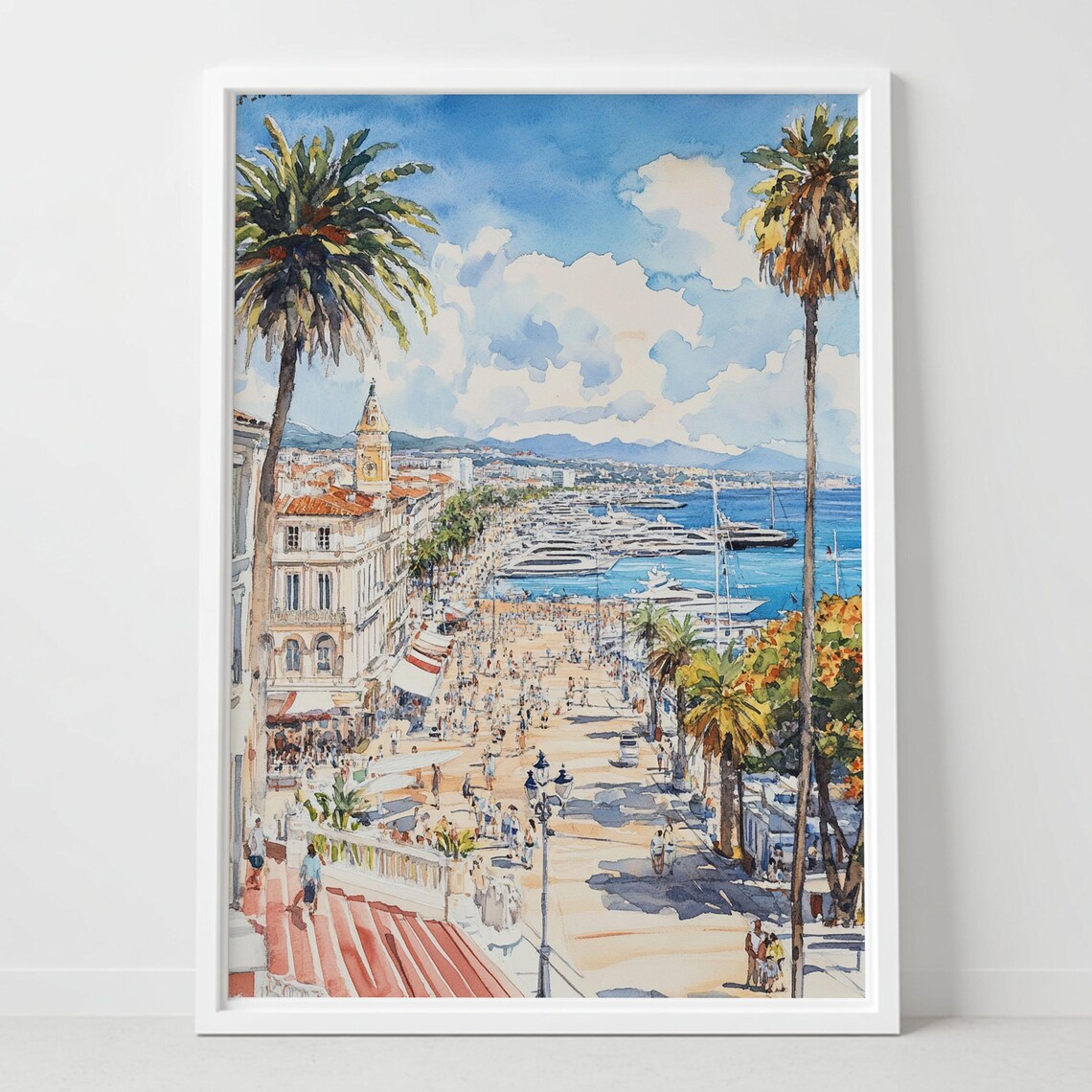 Sunny French Riviera Promenade Watercolor Seaside Marina Poster