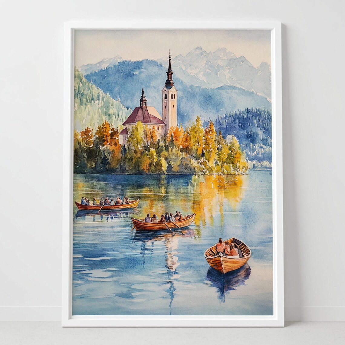 Lake Bled Slovenia Watercolor Poster Island Church Boats Mountains