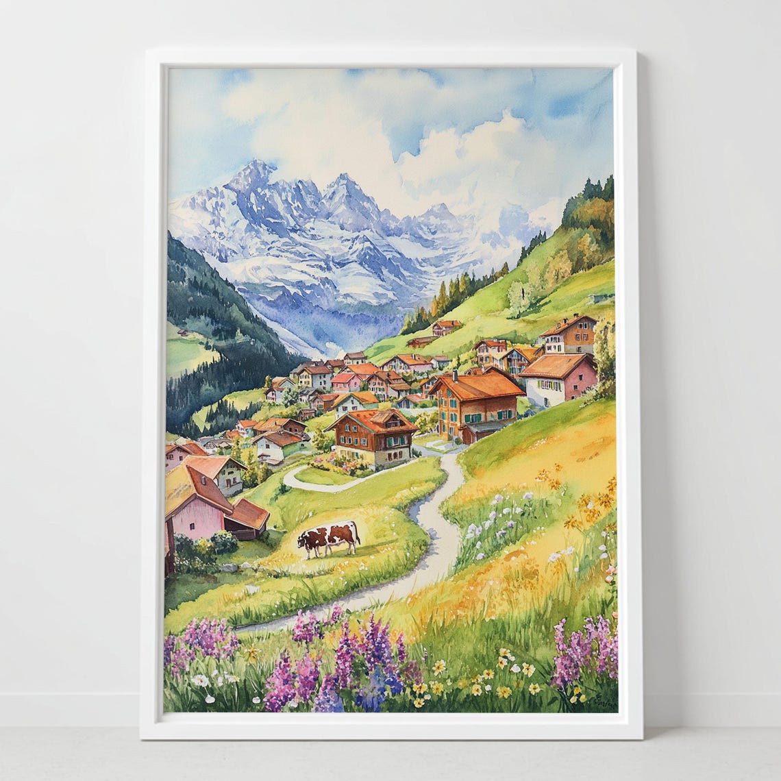 Alpine Chalet Village Snowy Peaks Watercolor Mountain Poster