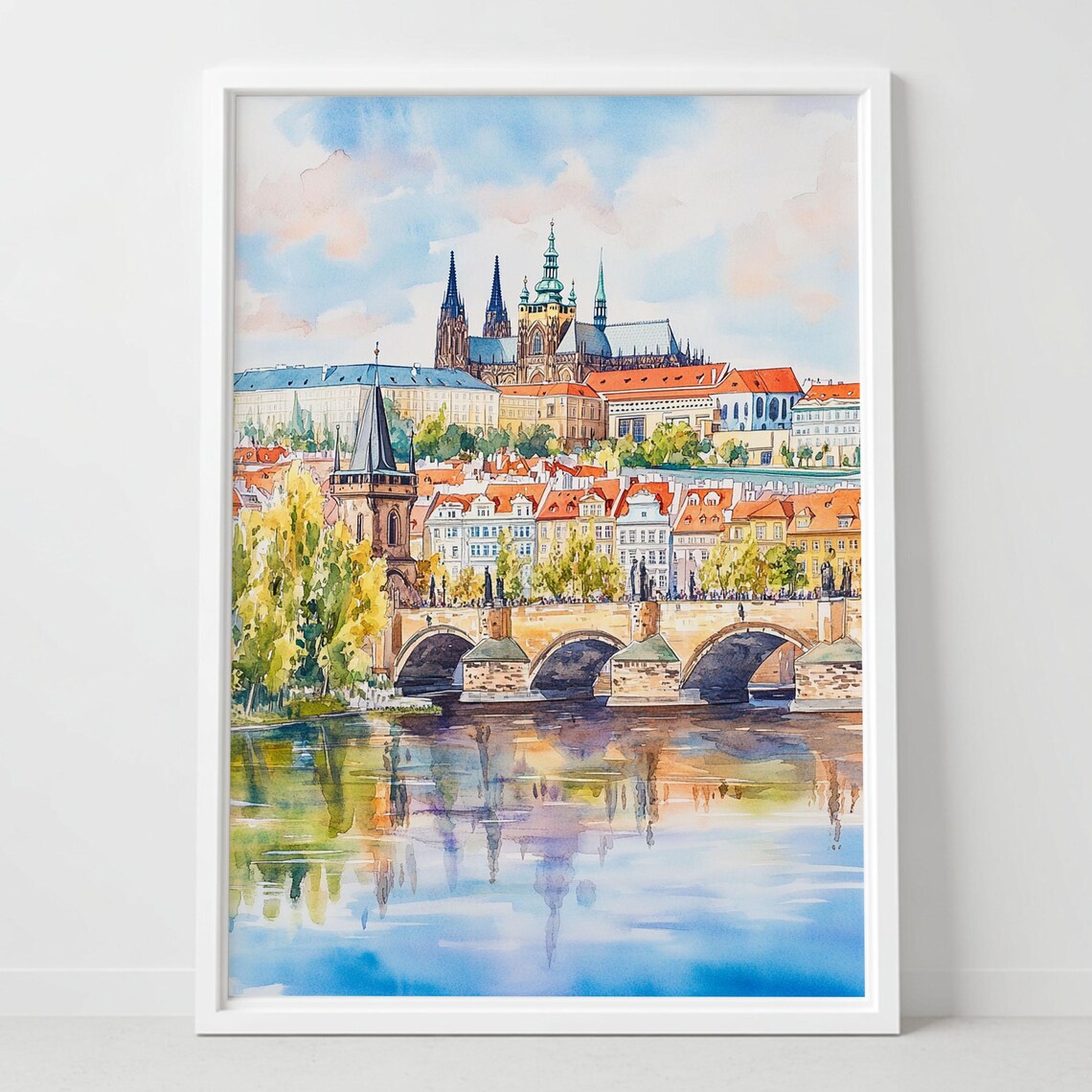 Prague Castle And Charles Bridge Watercolor Czech Republic Poster