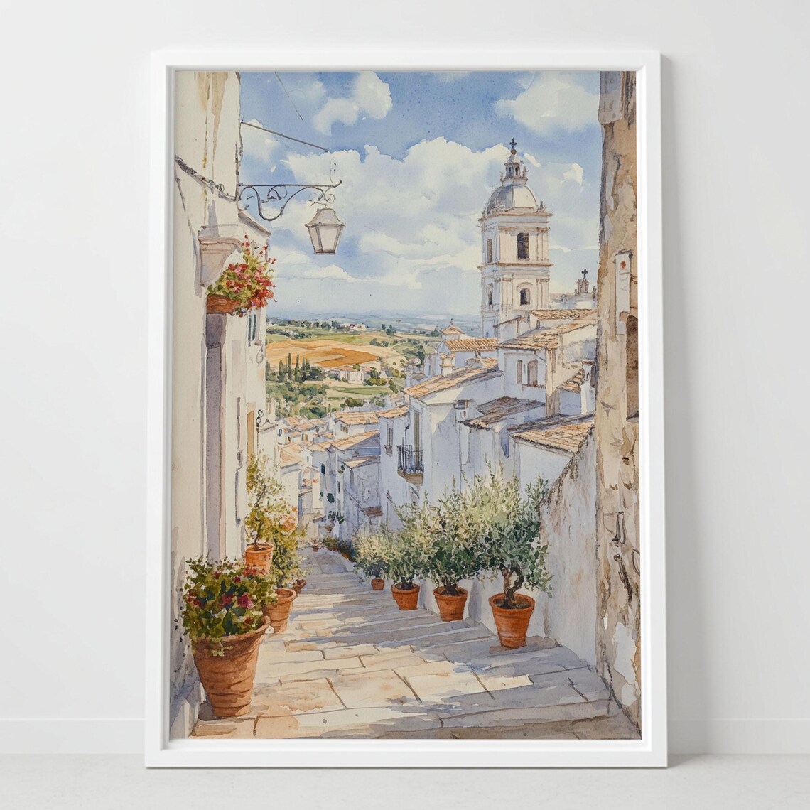 Locorotondo Italy Watercolor Whitewashed Hill Town Church Tower Poster
