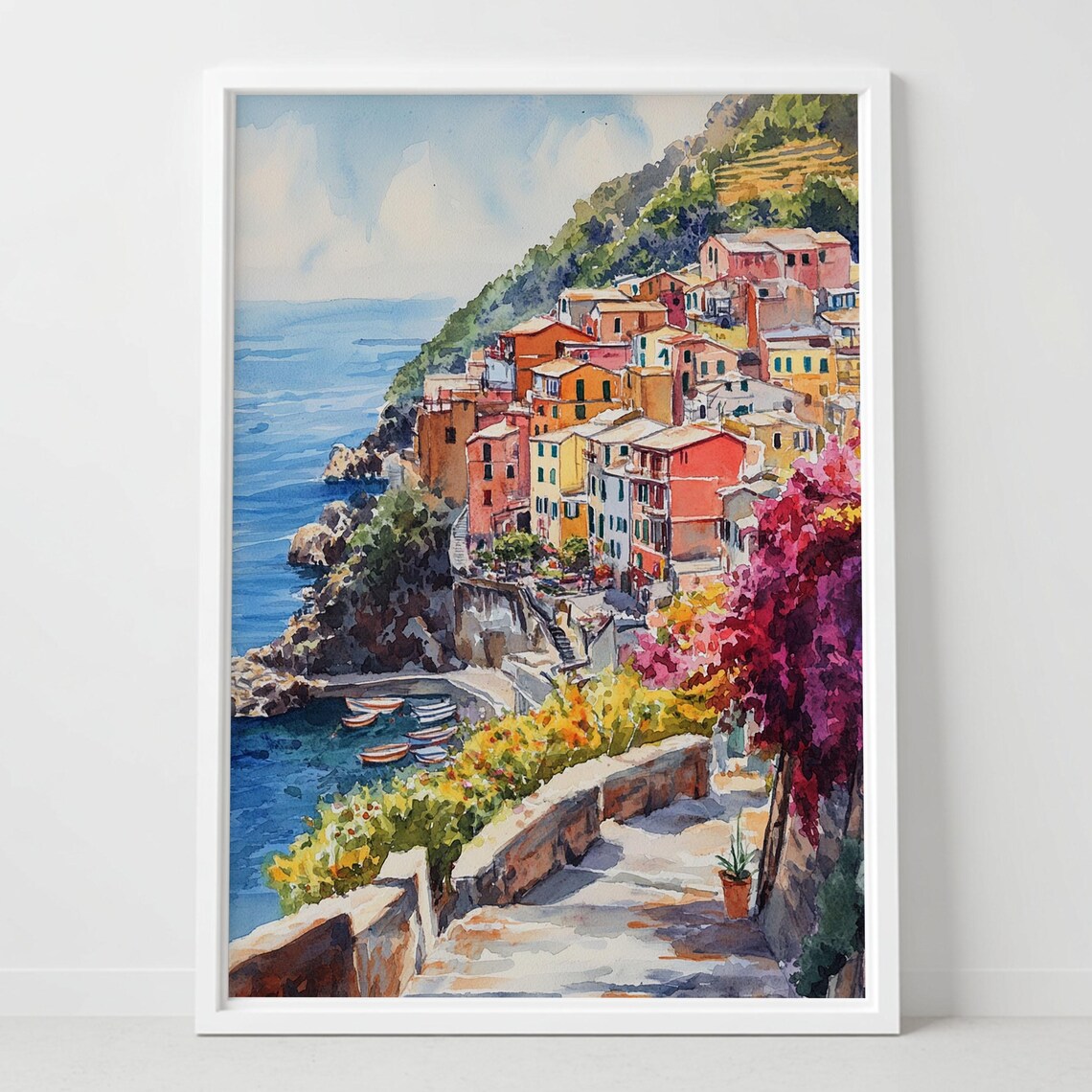 Cinque Terre Italy Colorful Cliffside Village Watercolor Poster