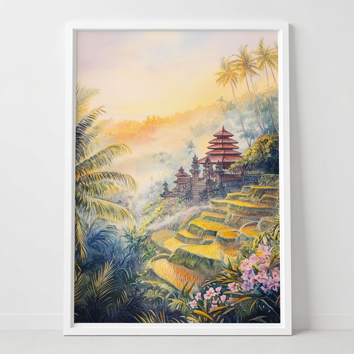 Bali Rice Terraces Temple Golden Sunset Tropical Watercolor Poster