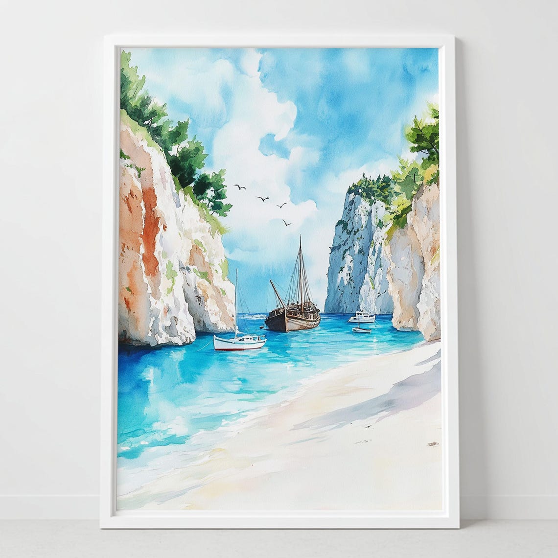 Zakynthos Greece Navagio Beach Cliffs Sailboats Watercolor Poster