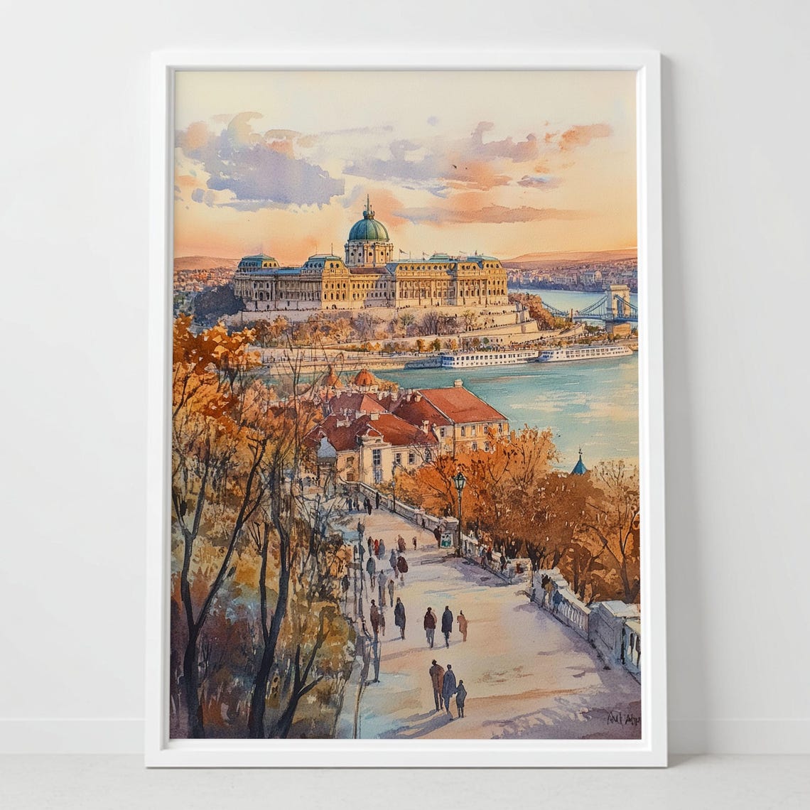 Budapest Danube River Watercolor Poster with Buda Castle at Sunset
