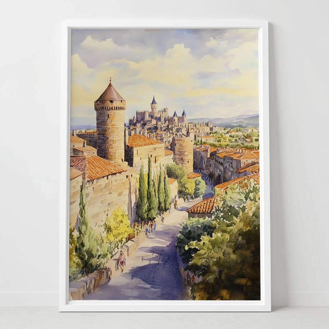 Carcassonne France Medieval Fortress Castle Hill Watercolor Poster
