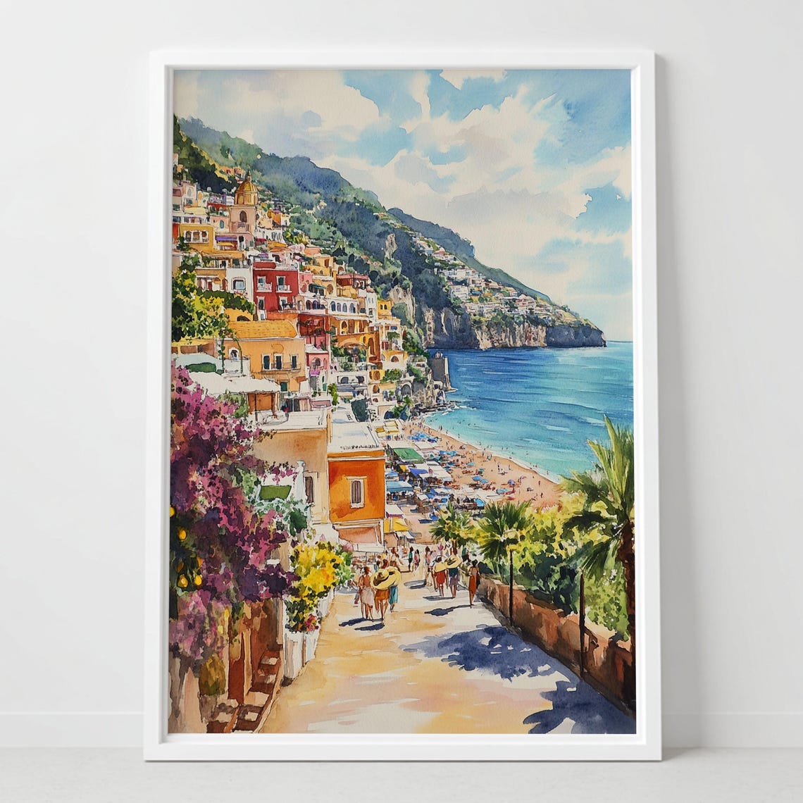 Positano Italy Amalfi Coast Beach Cliffside Watercolor Art Poster