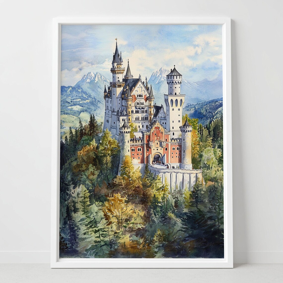 Neuschwanstein Castle Bavaria Fairytale Watercolor Mountain Poster