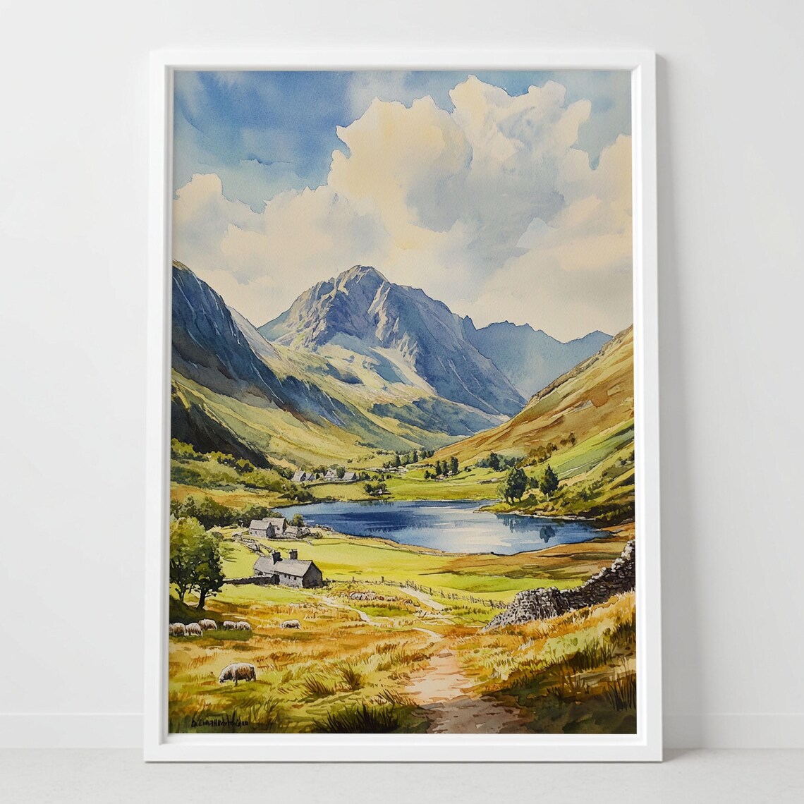 Snowdonia Wales Mountain Lake Watercolor Landscape Painting Poster