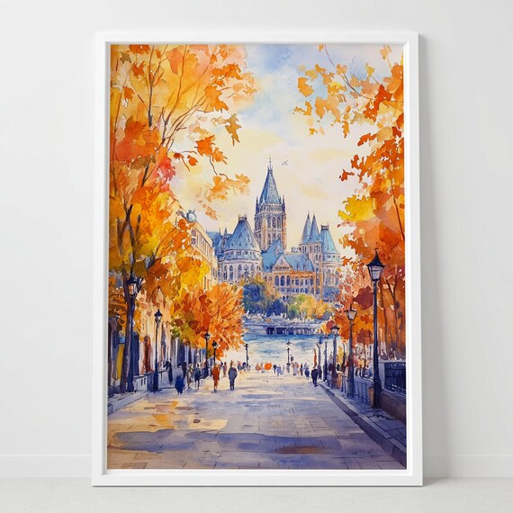 Montreal Autumn Maple Boulevard Historic Church Watercolor Wall Print