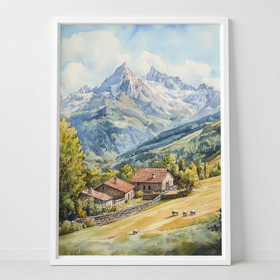 Pyrenees Mountain Watercolor Snowy Peaks And Rustic Village Poster