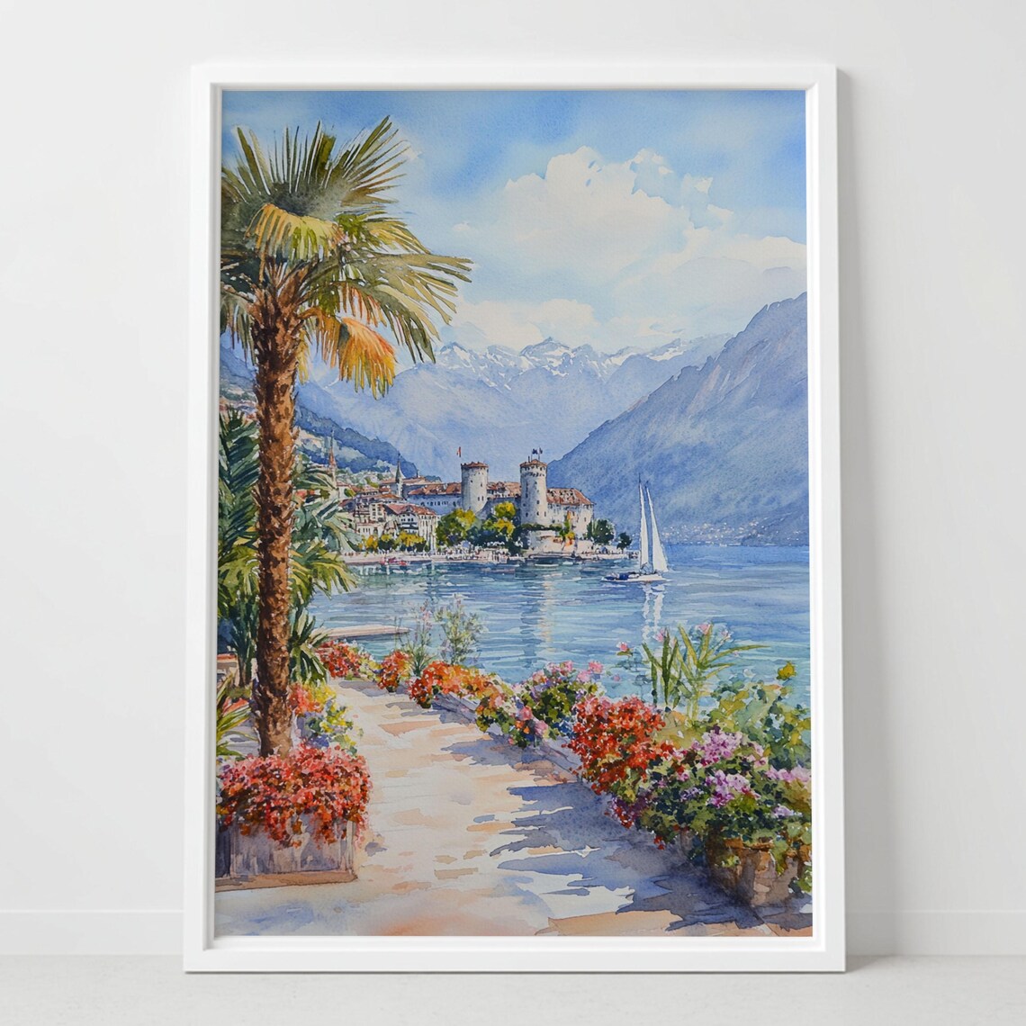 Montreux Switzerland Lakeside Castle Sailboat Watercolor Painting Poster