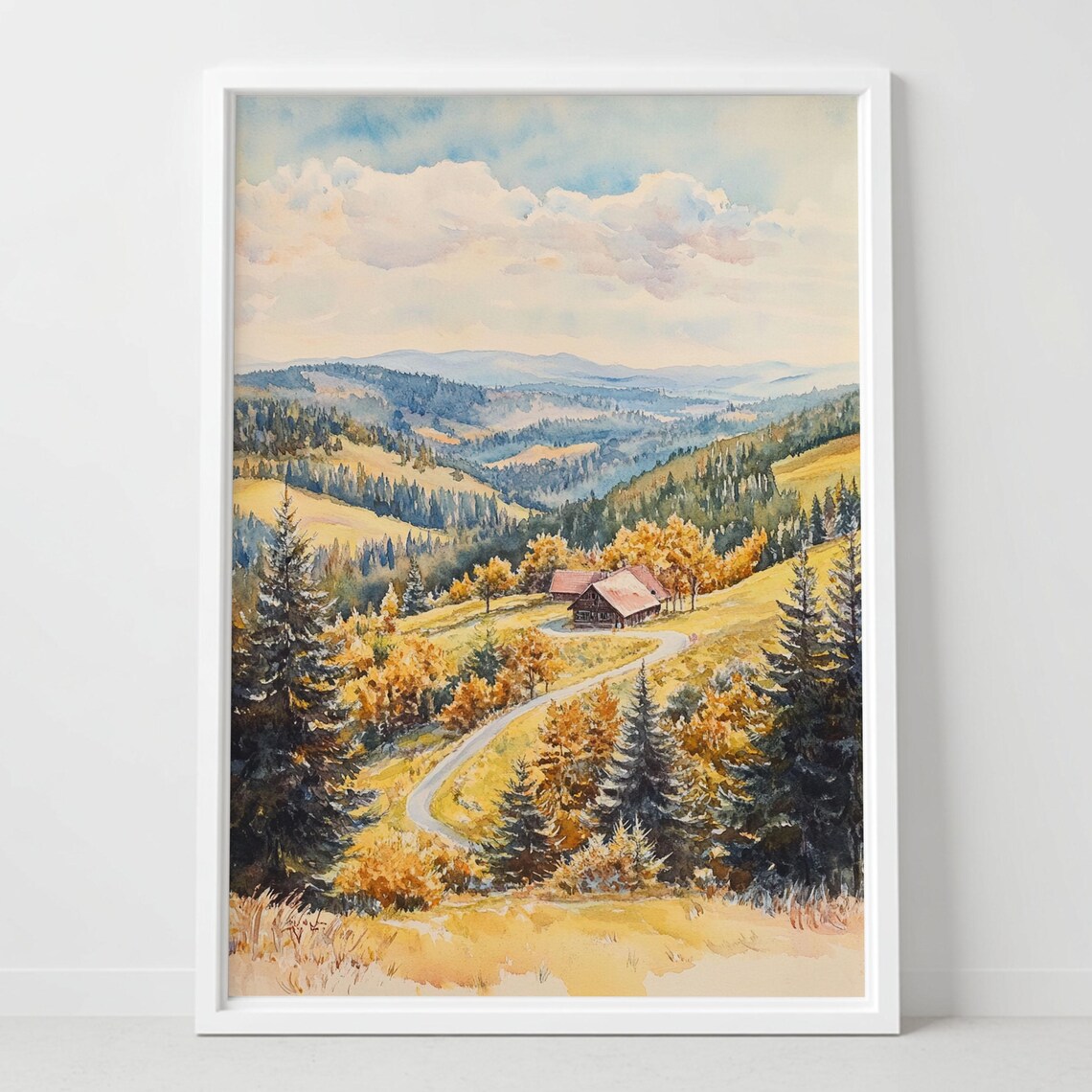 Serene Watercolor Autumn Mountain Valley Cabin Landscape Wall Art
