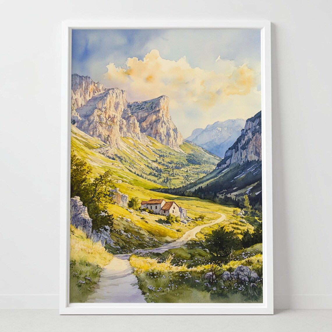 Dinaric Alps Balkan Mountain Valley Cabin Watercolor Landscape Poster