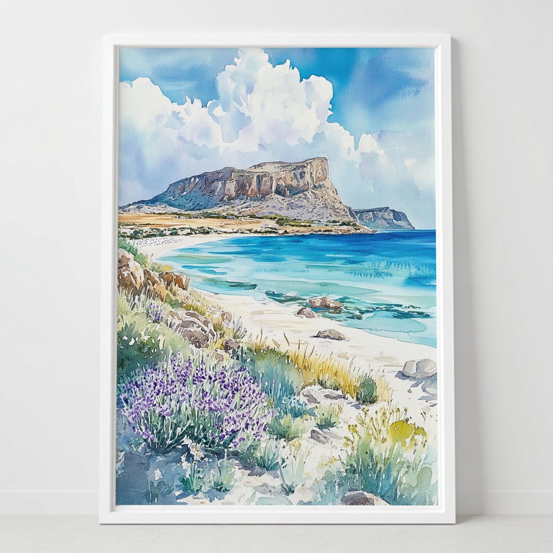 Turquoise Beach Cove with Cliffs and Wildflowers Watercolor Poster