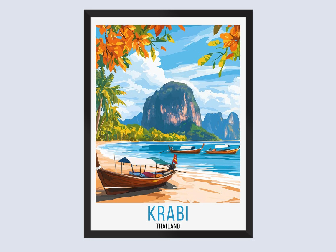 Krabi Thailand Beach Longtail Boats Karst View Travel Poster