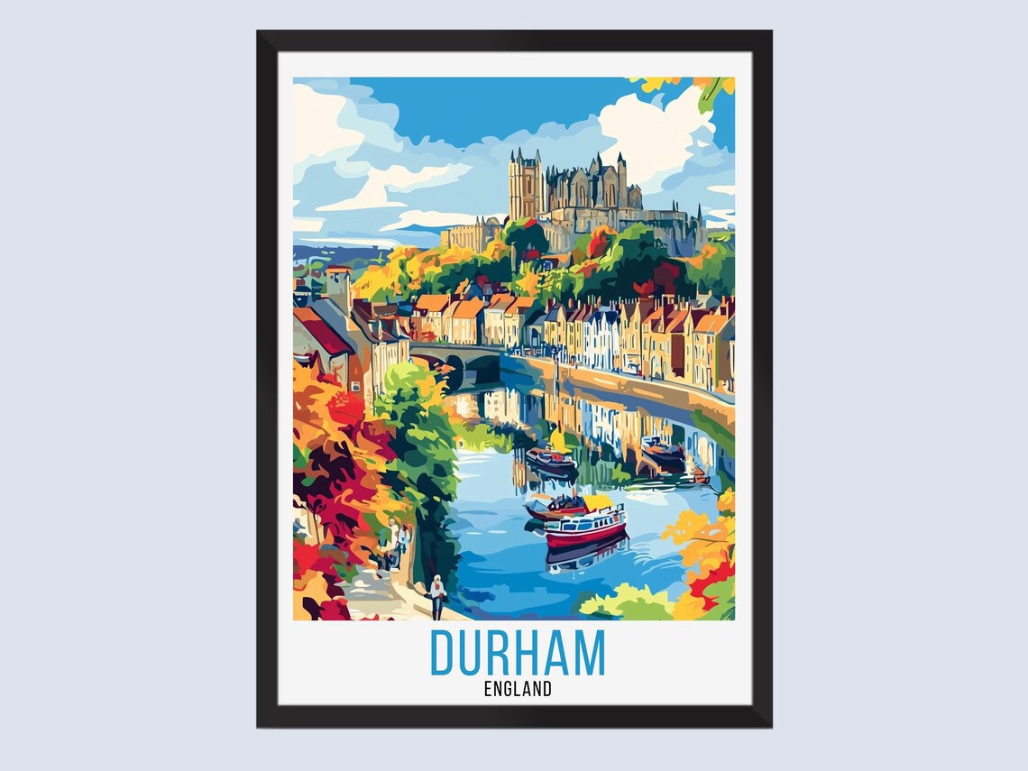 Durham England Vintage Travel Poster With Cathedral River And Boats