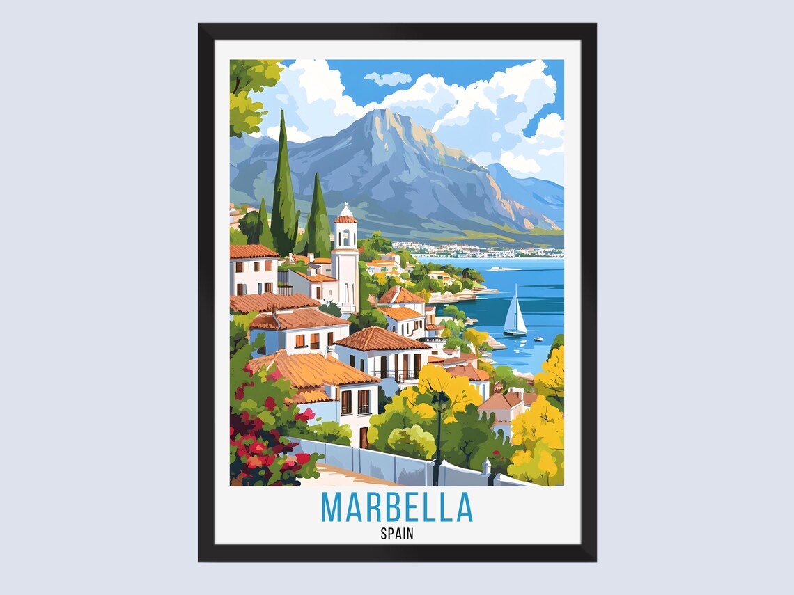 Marbella Spain Whitewashed Village Bay Sailboat Mountain Travel Poster