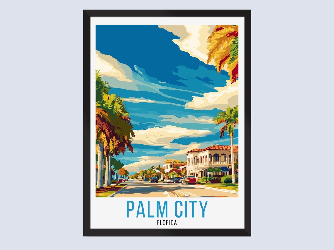 Vintage Palm City Florida Palm Tree Street Travel Art Poster