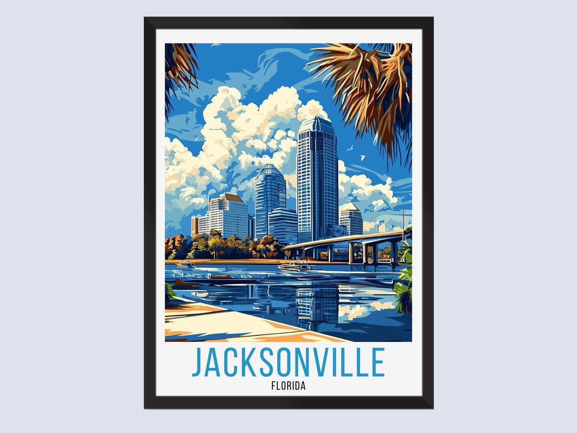 Jacksonville Florida Downtown Skyline River Vintage Travel Poster