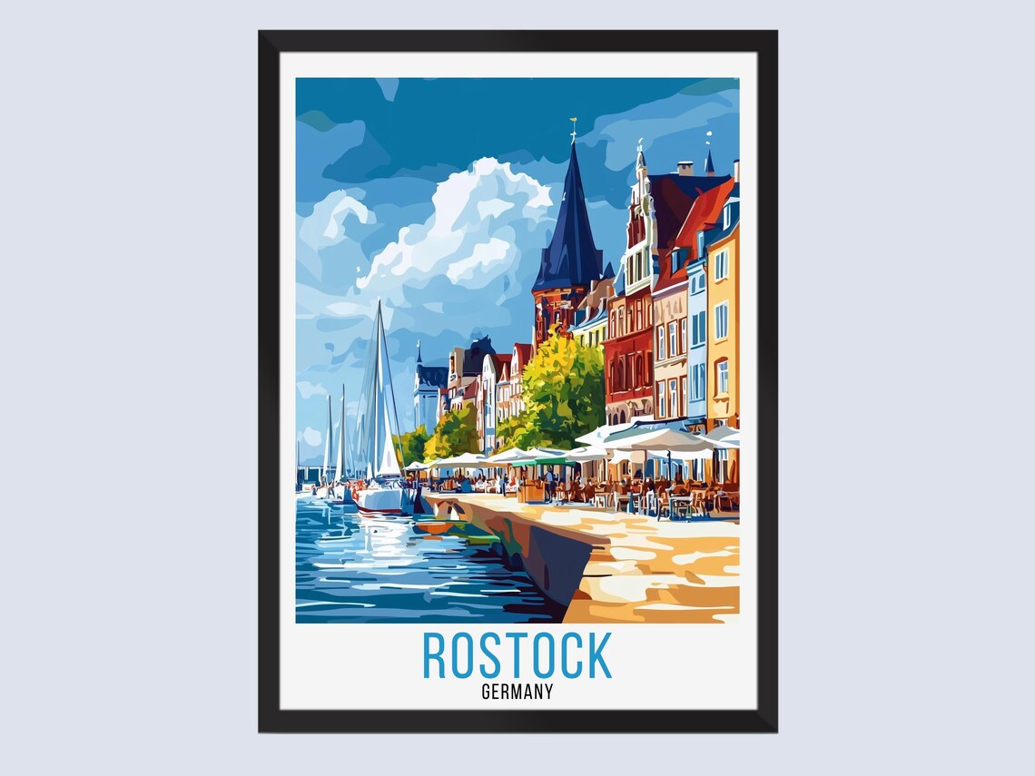 Rostock Germany Vintage Travel Art Historic Harbor Waterfront Poster