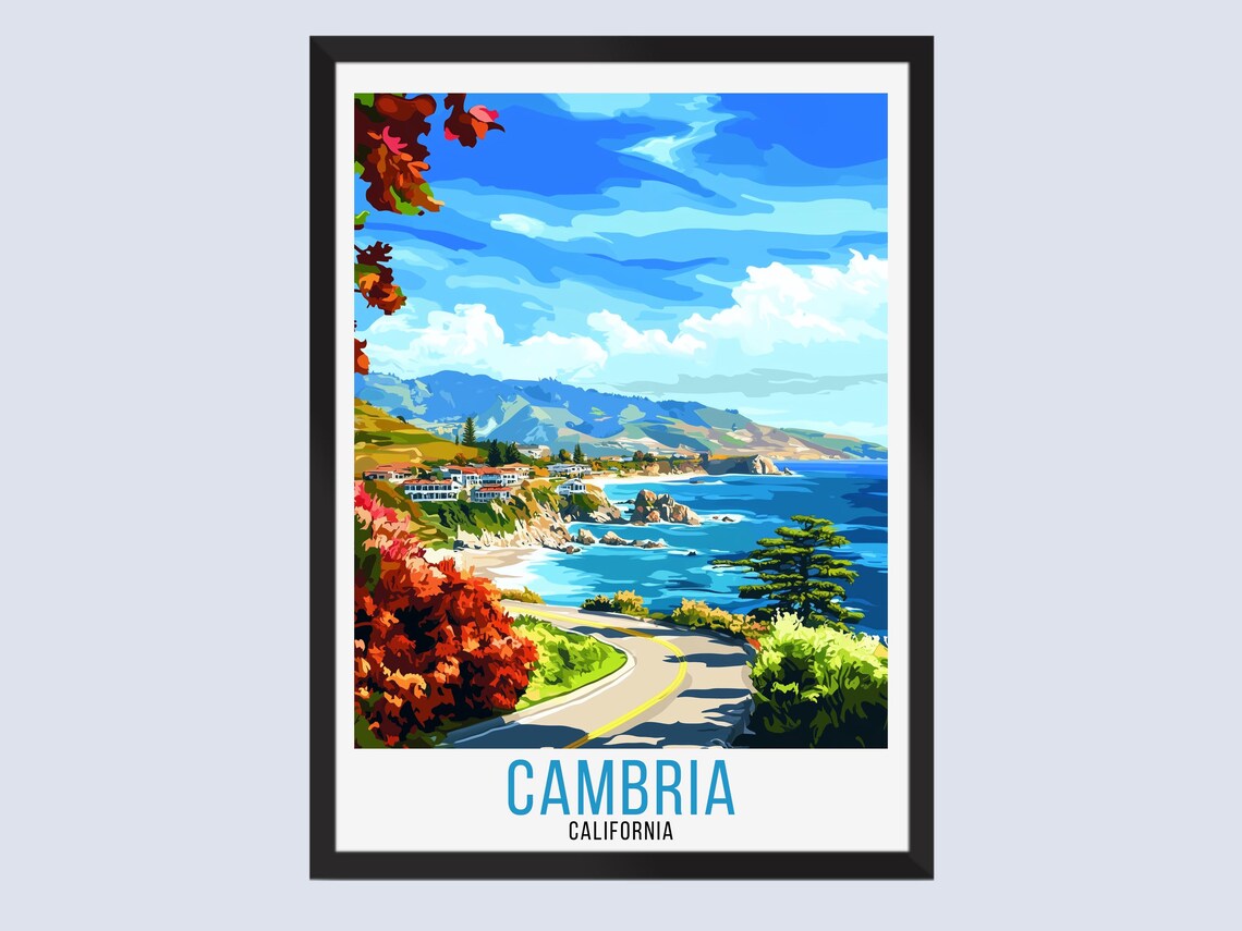 Cambria California Coastal Highway Ocean View Retro Travel Poster