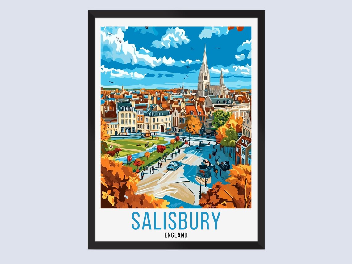 Salisbury England Autumn Cathedral Vintage Travel Poster Scene