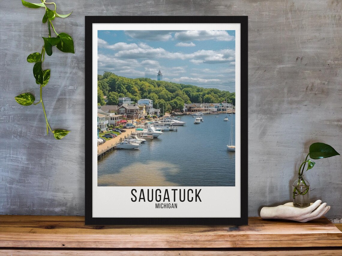 Saugatuck Michigan Harbor Marina Boats Vintage Travel Poster