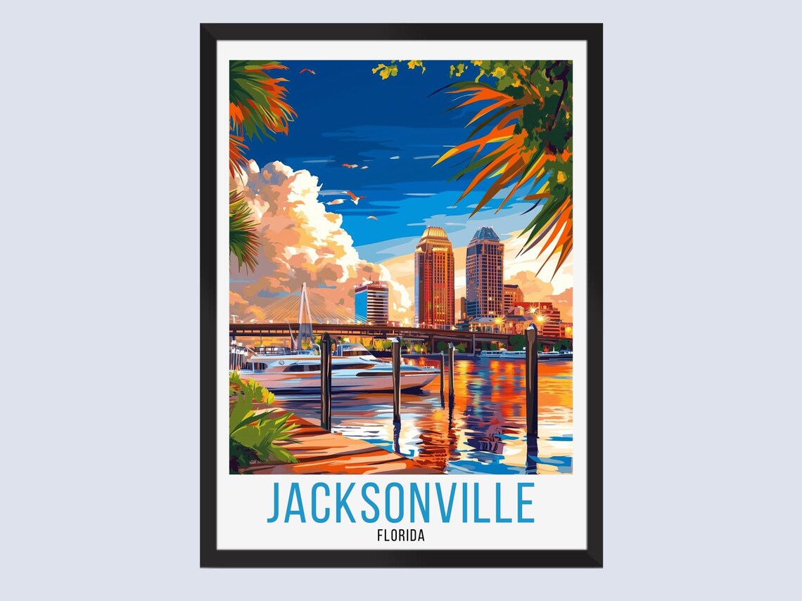 Jacksonville Florida Sunset Marina Bridge Vintage Travel Poster