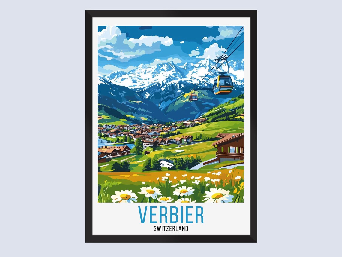 Verbier Switzerland Retro Travel Style Alpine Village Gondola Poster