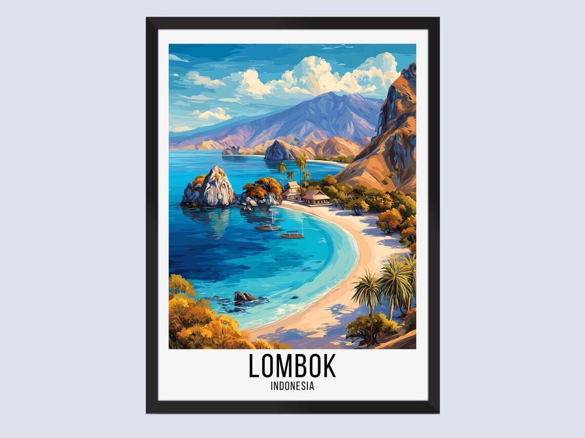 Lombok Indonesia Palm Beach Turquoise Bay Mountain Travel Poster