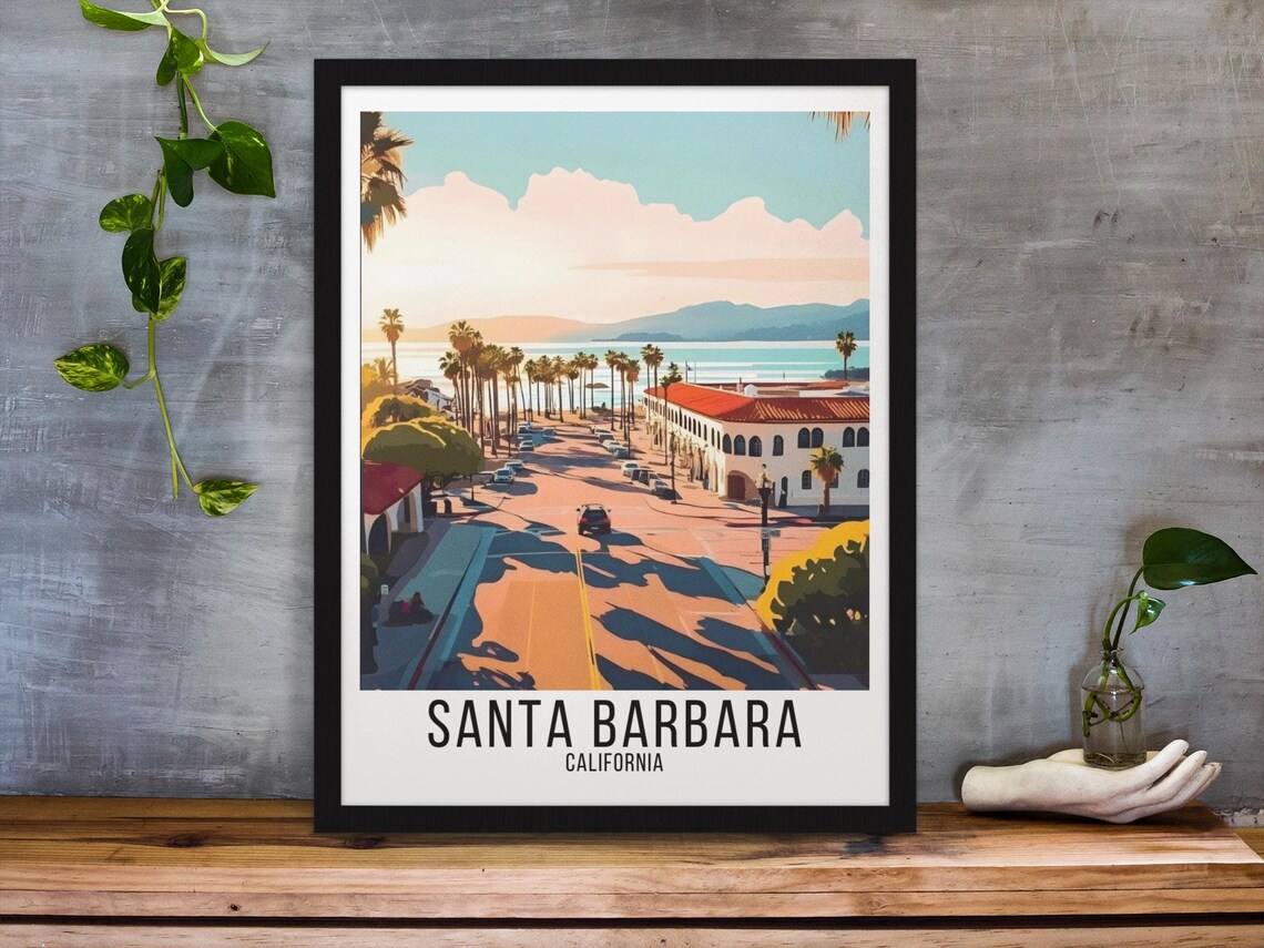 Santa Barbara California Ocean Street Palms Sunset Vintage Poster