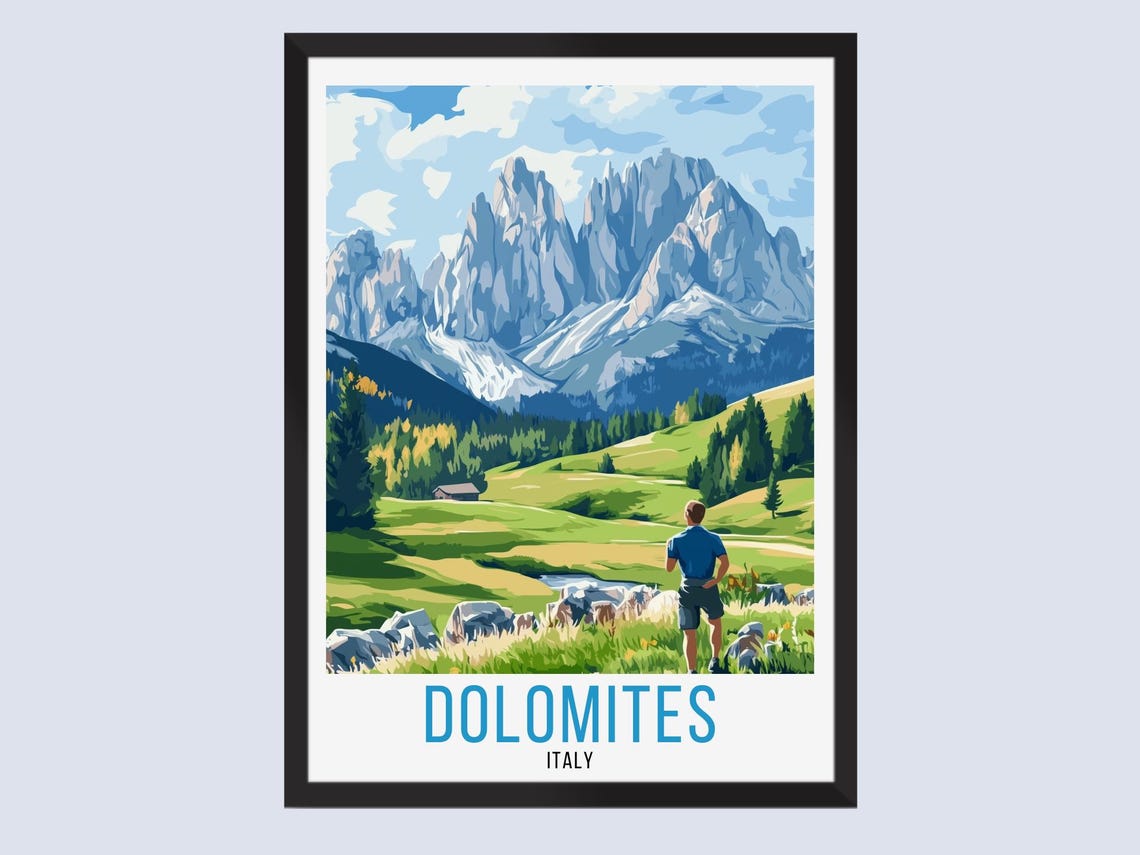 Dolomites Italy Hiker Mountain Summit View Vintage Travel Poster