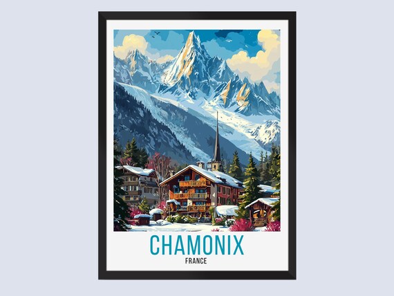 Chamonix France Alpine Village Church Snowy Mountains Travel Poster