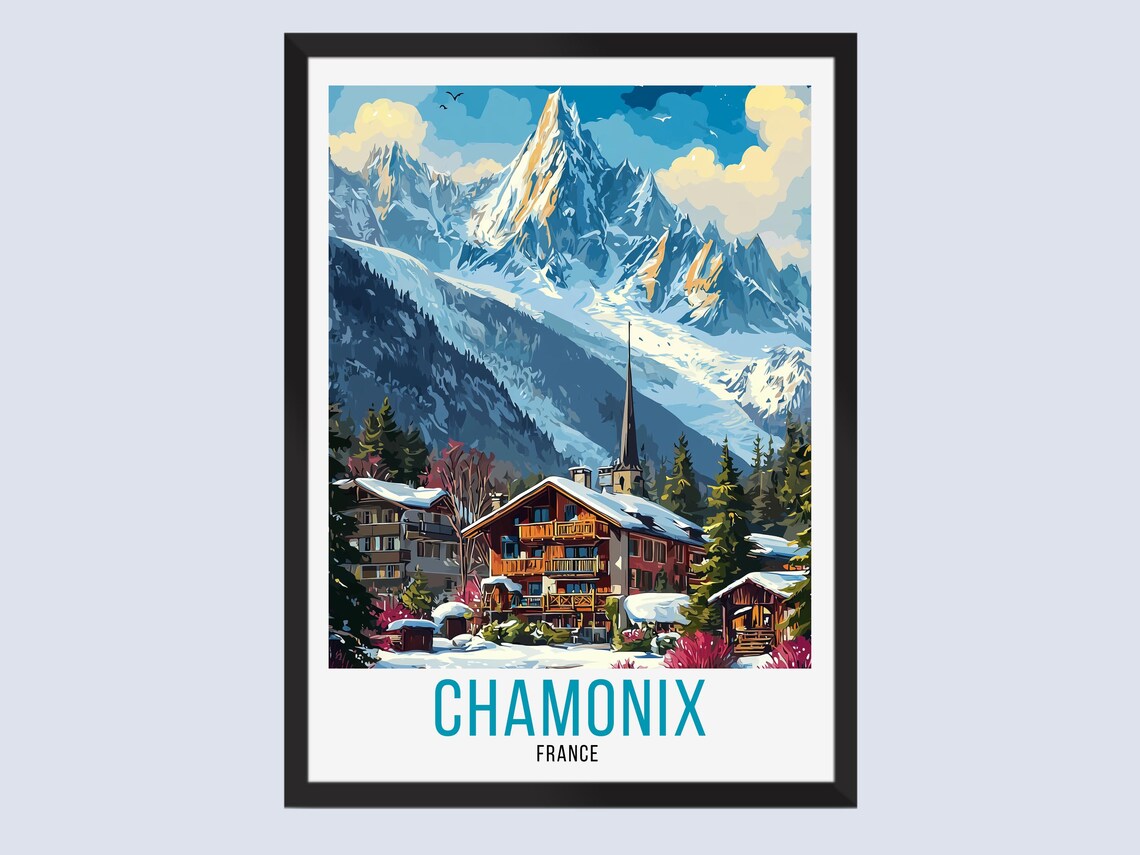 Chamonix France Alpine Village Church Snowy Mountains Travel Poster