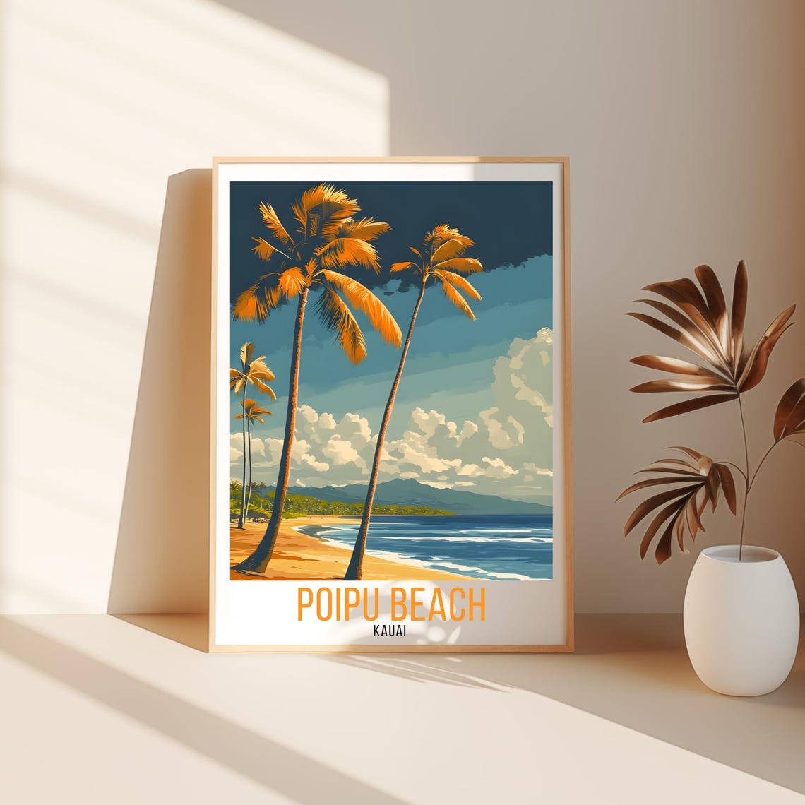 Poipu Beach Kauai Palm Trees Ocean Scene Sunset Vintage Poster