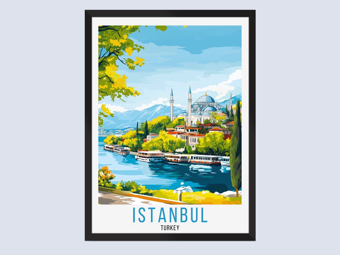 Istanbul Turkey Mosque Minarets Bosphorus View Travel Poster