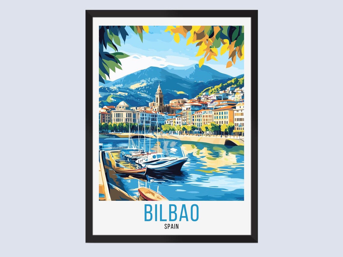 Bilbao Spain Riverside Harbor Boats Green Mountains Travel Poster