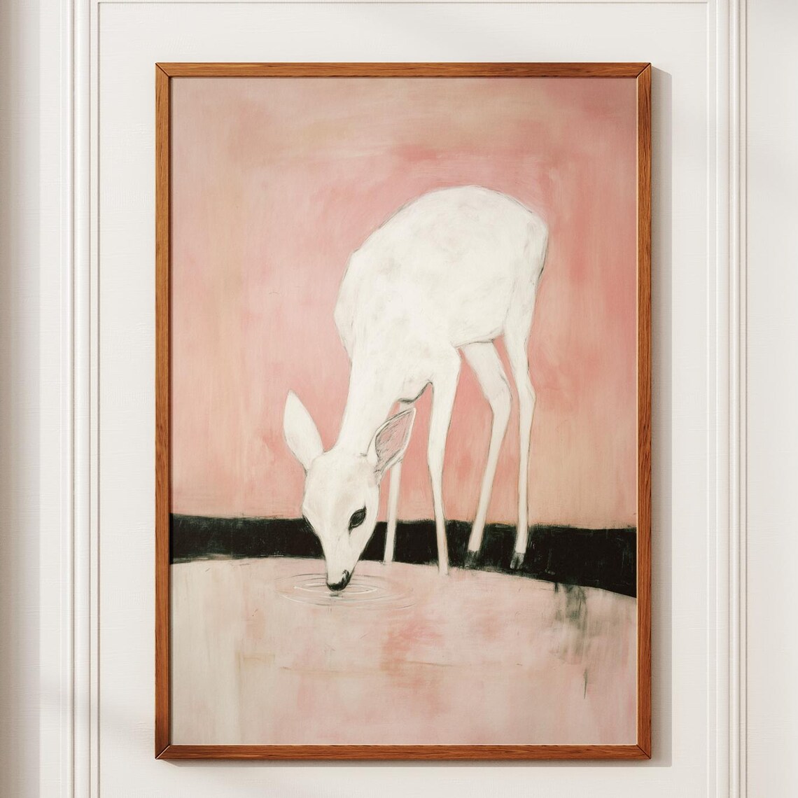 White Deer Wall Art Whimsical Minimalist Animal Print In Soft Pink And Black Serene Nature