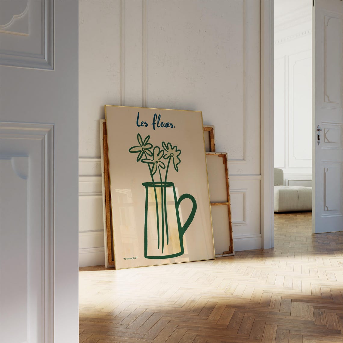 Les Fleurs Green Line Art Flowers in Jug French Botanical Wall Art - Image 3