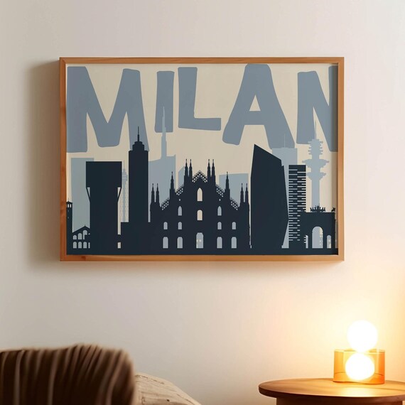 Milan Skyline Silhouette Modern Blue Italy Cityscape Travel Art Poster