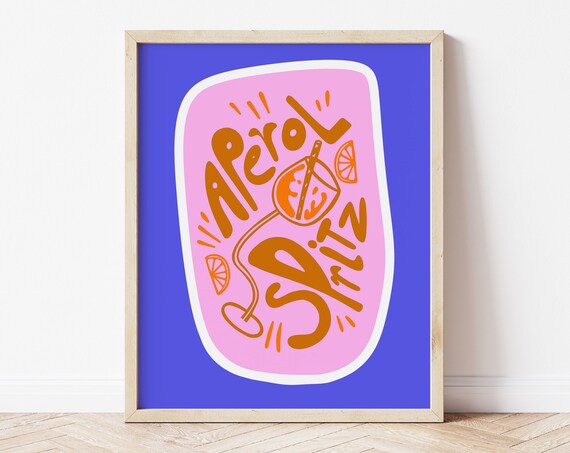 Fun Aperol Spritz Retro Cocktail Lettering Pink Blue Bar Decor Poster