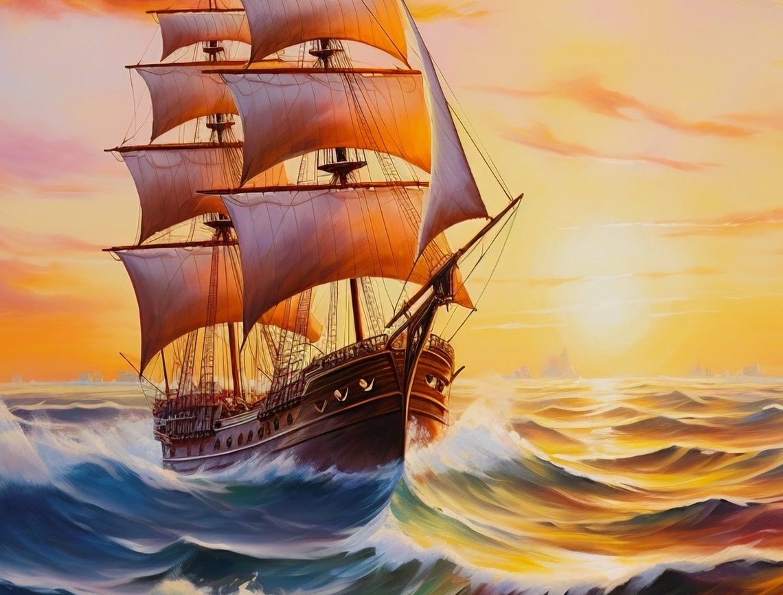 Tall Sailing Ship Painting Sunset Ocean Waves Nautical Poster - Image 3