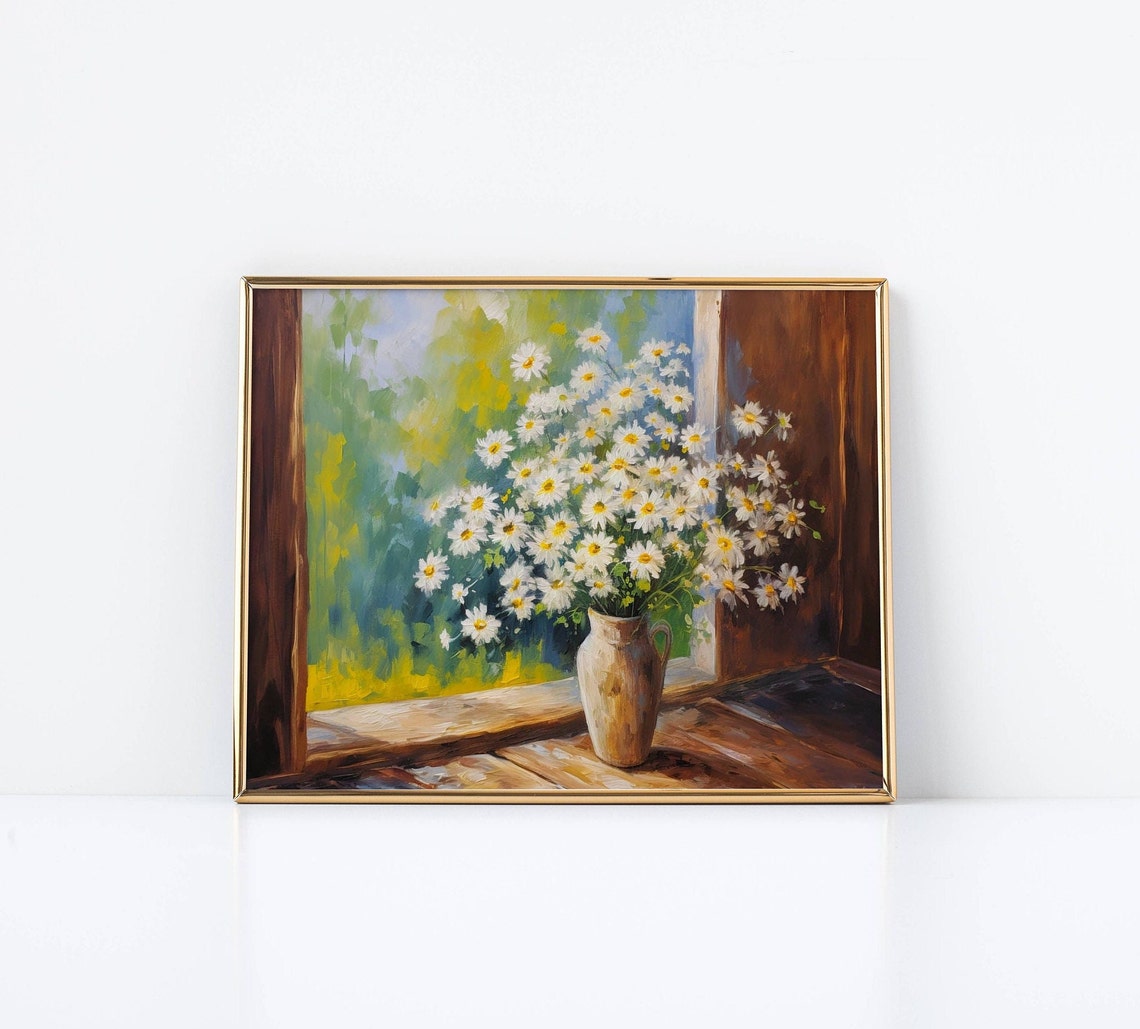 Daisy Bouquet Painting Clay Pitcher Rustic Window Scene Poster - Image 2