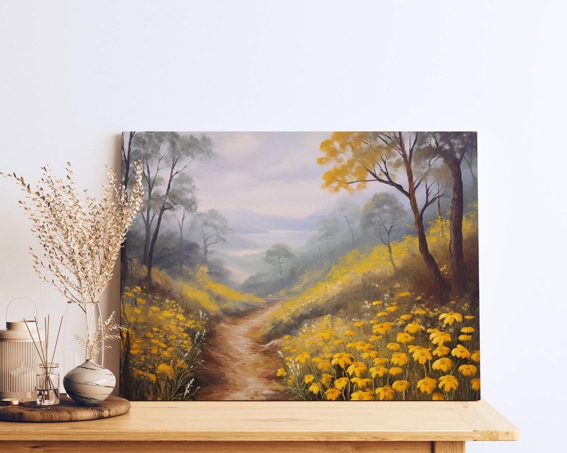 Misty Countryside Path Yellow Wildflowers Tranquil Lake View Poster