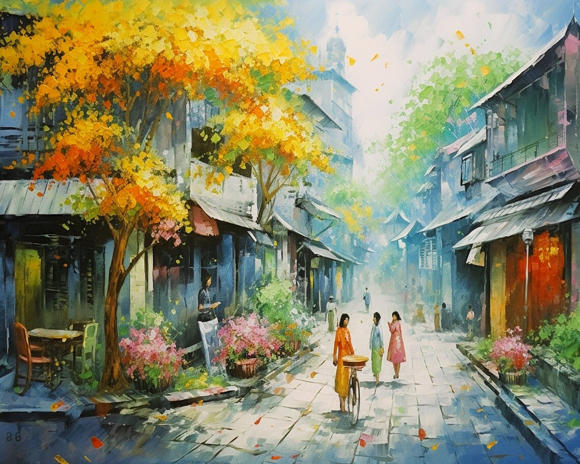 Hanoi Old Quarter Autumn Street Watercolor Vietnamese City Poster - Image 3