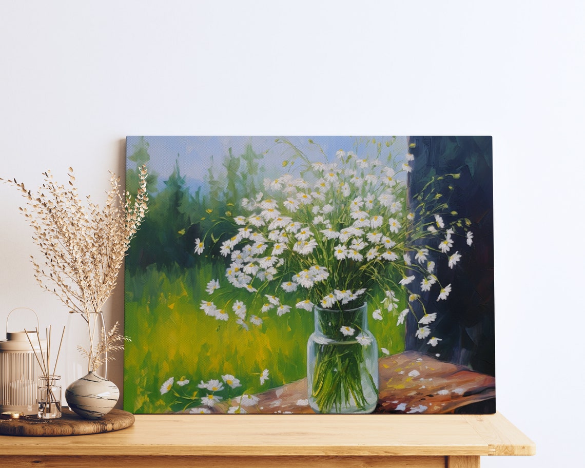 White Daisy Bouquet In Glass Jar Impressionist Window Painting Poster