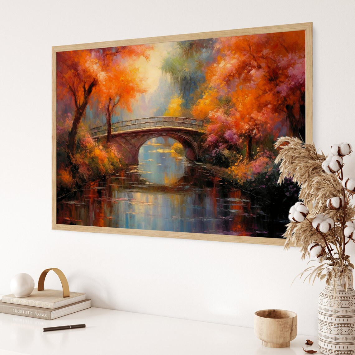 Autumn Bridge Reflection, Romantic Landscape Art Print - Image 2